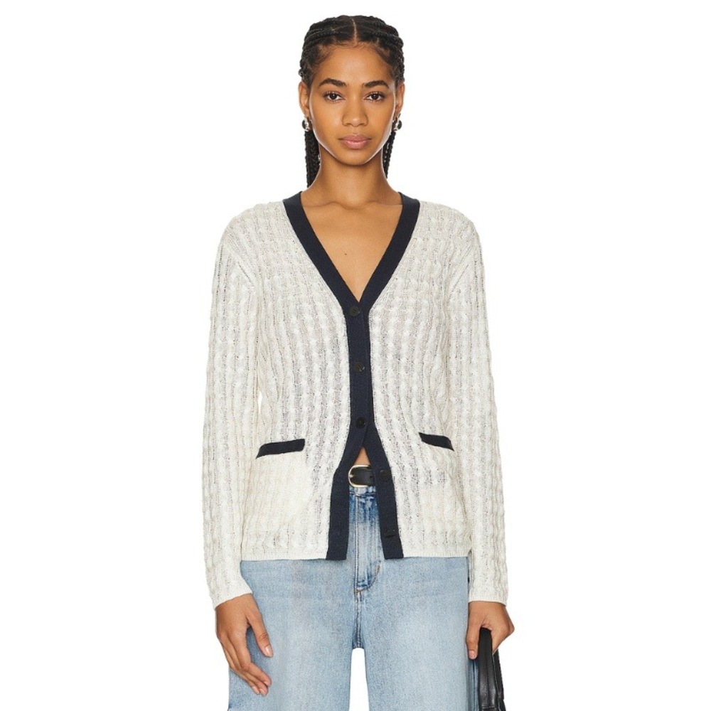 Theory Cable Cardigan Bone & Nocturne Navy Linen Blend Size Large NWT